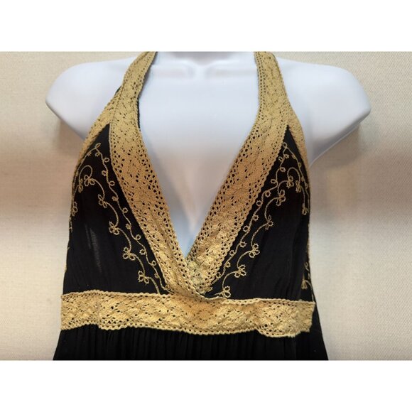 Womens Semi Sheer Halter Dress Black Gold Flowy Embroidered Boho Open Back Beach - Picture 3 of 9
